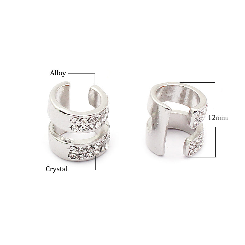 1 Pair Trendy Small Round Ear Cuff Earrings for Women Gold and Silver Plated 2 Rows Rhinestone Clip Earrings Without Piercing