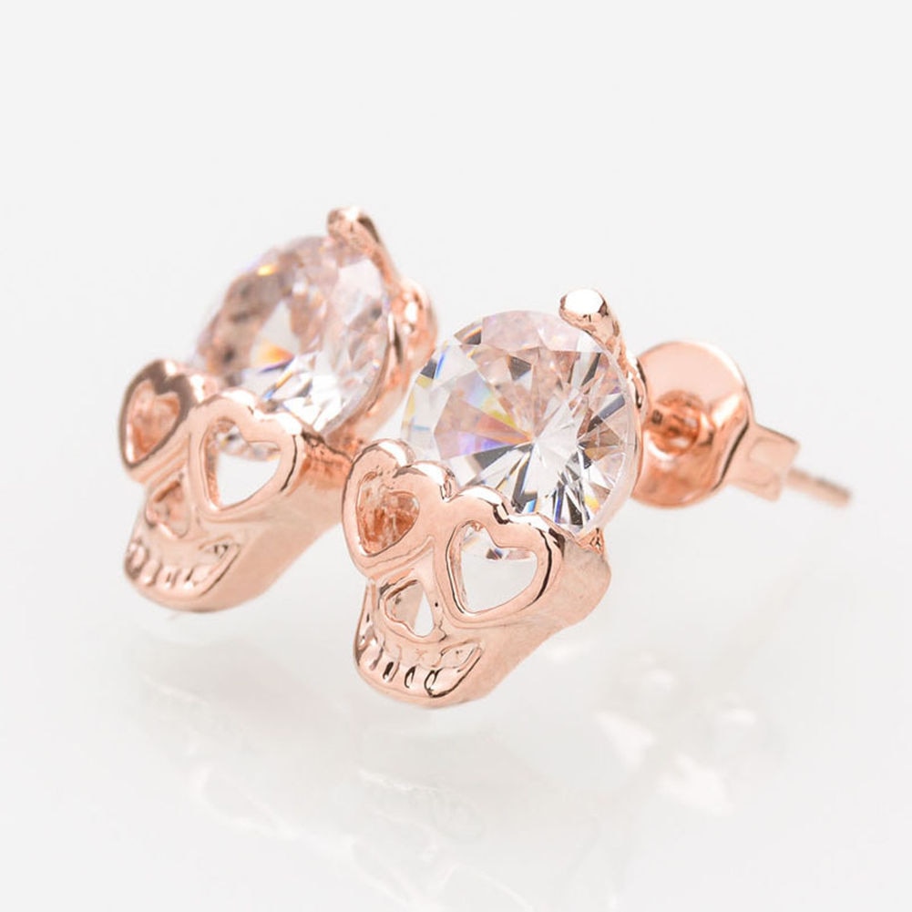 1 Pair Women Ladies Rose Gold Tone Crystal Skull Pierced Studs Earrings