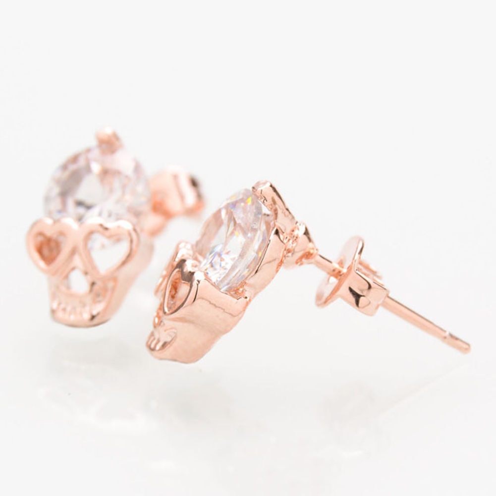 1 Pair Women Ladies Rose Gold Tone Crystal Skull Pierced Studs Earrings