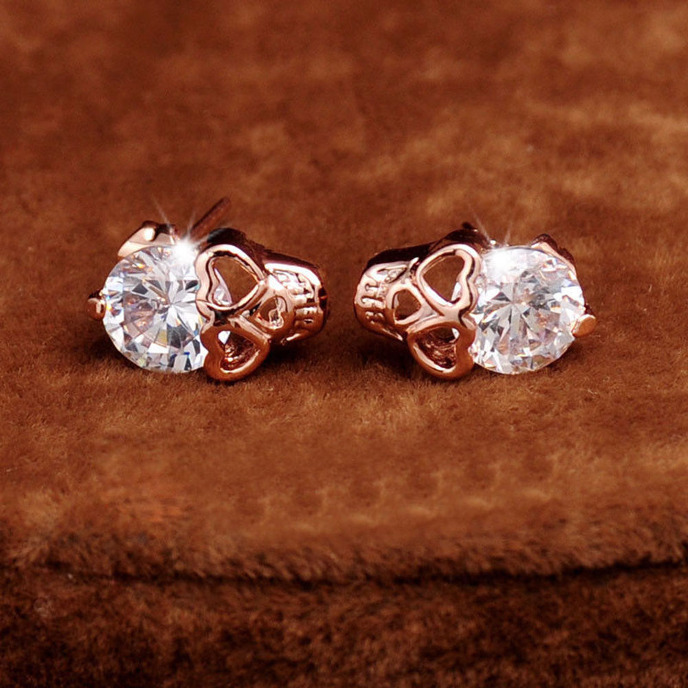 1 Pair Women Ladies Rose Gold Tone Crystal Skull Pierced Studs Earrings