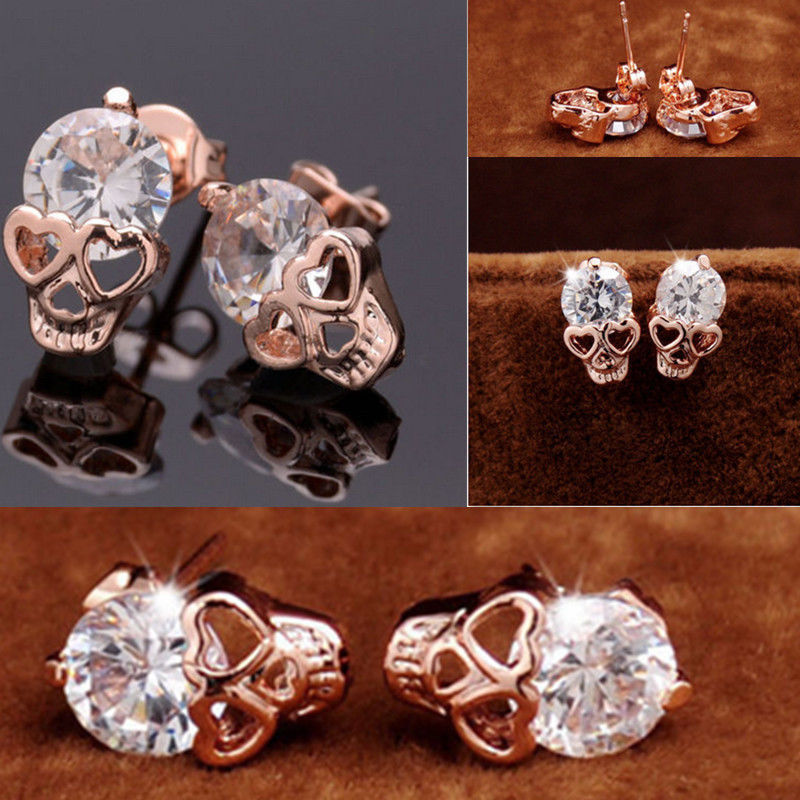 1 Pair Women Ladies Rose Gold Tone Crystal Skull Pierced Studs Earrings