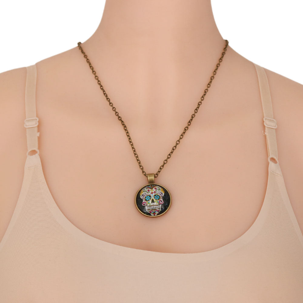 1 Pc Cabochon Glass Silver/Bronze/Black Pendant Sugar Skull Steampunk Necklaces Nice Exquisite Unique Gift  for Women