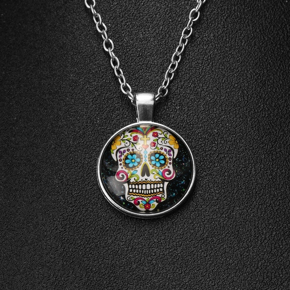 1 Pc Cabochon Glass Silver/Bronze/Black Pendant Sugar Skull Steampunk Necklaces Nice Exquisite Unique Gift  for Women