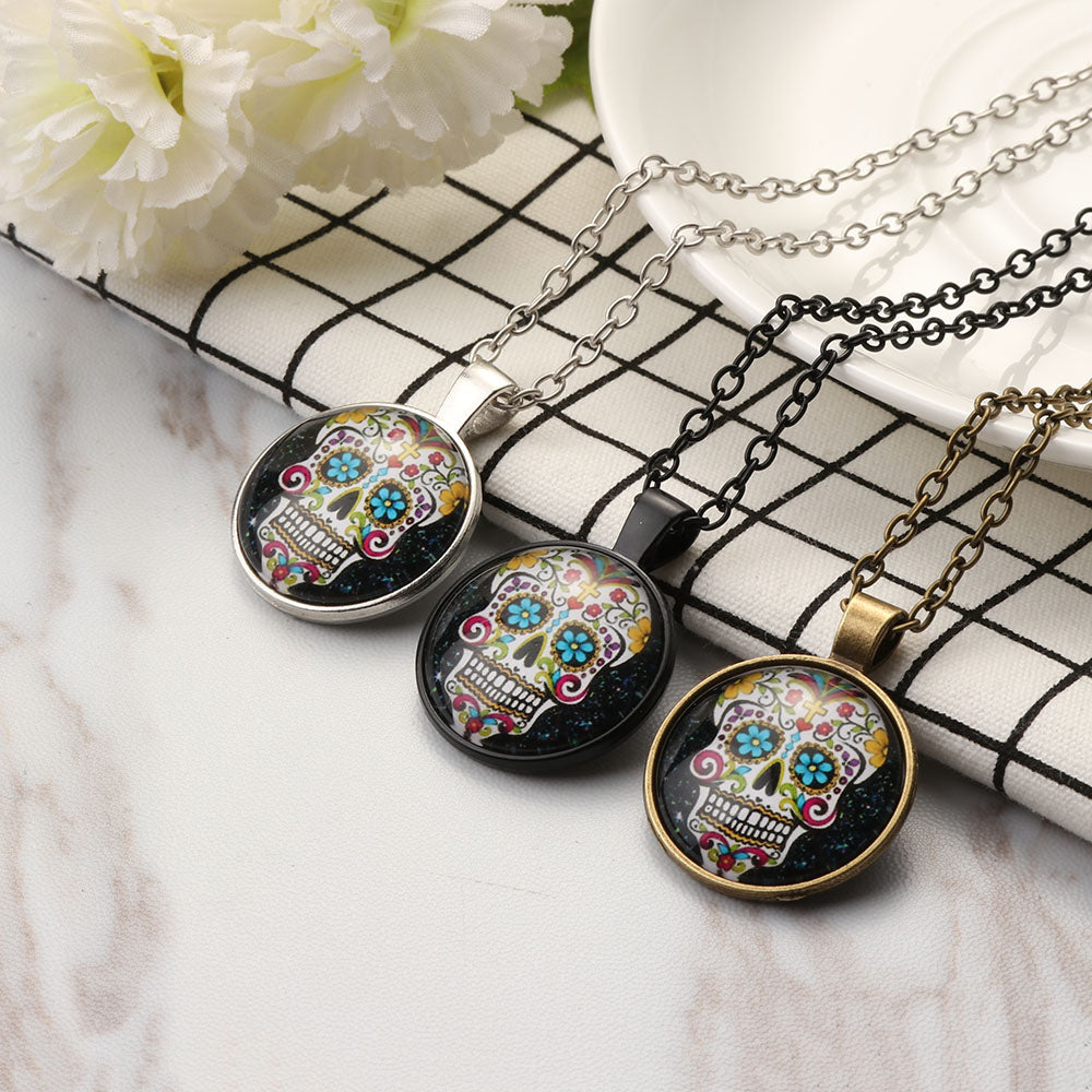 1 Pc Cabochon Glass Silver/Bronze/Black Pendant Sugar Skull Steampunk Necklaces Nice Exquisite Unique Gift  for Women