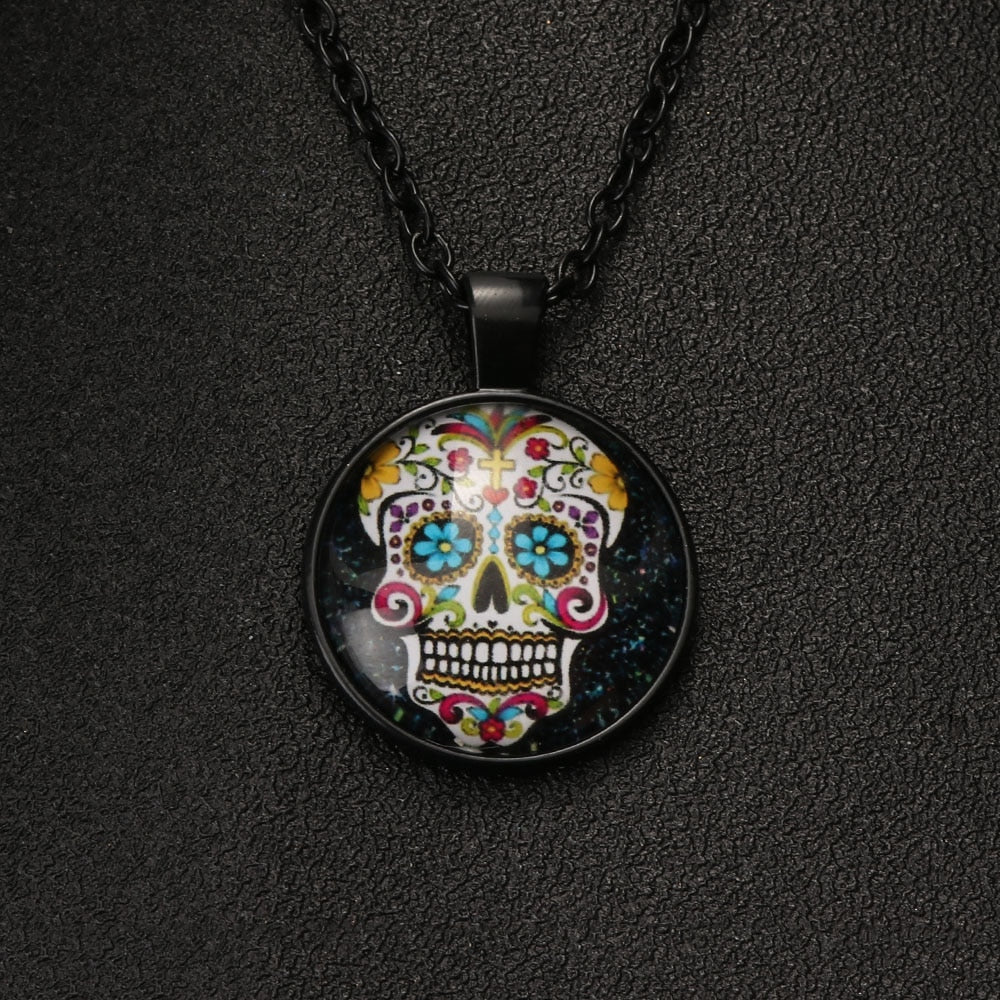1 Pc Cabochon Glass Silver/Bronze/Black Pendant Sugar Skull Steampunk Necklaces Nice Exquisite Unique Gift  for Women