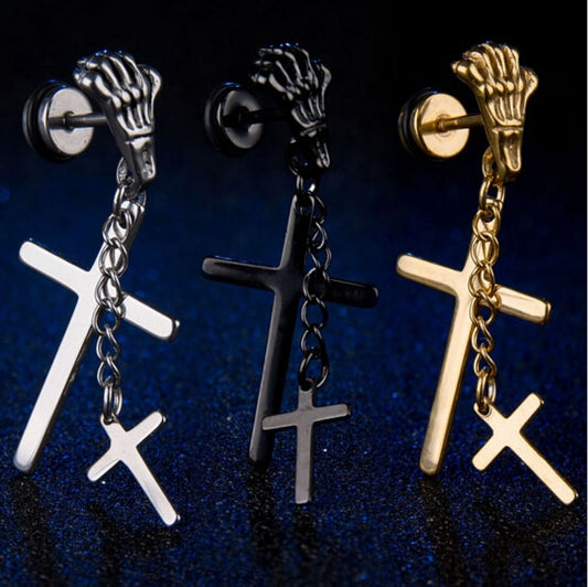 1 Piece New Stainless Steel Earring Body Piercing Jewelry Tassels Skull Sketelon Dangling Cross Stud Earring Men Women