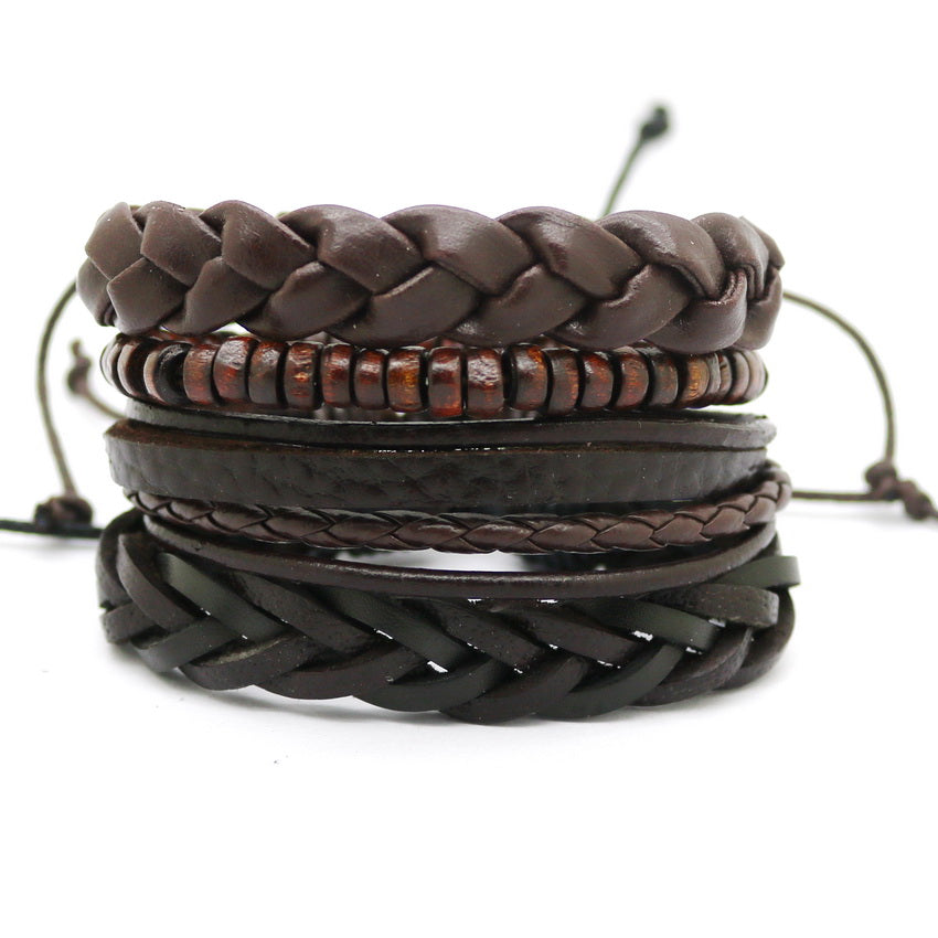 1 Set 4PCS leather bracelet Men's multi-layer bead bracelet women's retro punk casual men's jewelry bracelet jewelry accessories