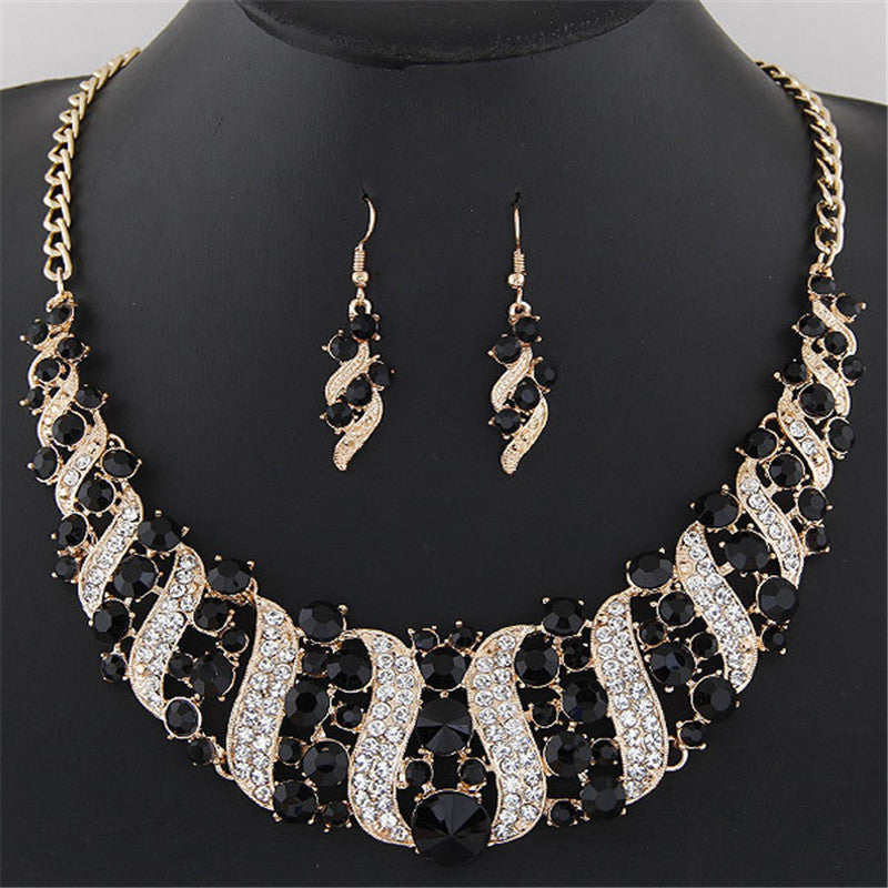 1 Set Women's Girl Gold Color Rhinestone Crystal Chain Necklace Choker Statement Dangle Drop Earrings Jewelry Set collier Party