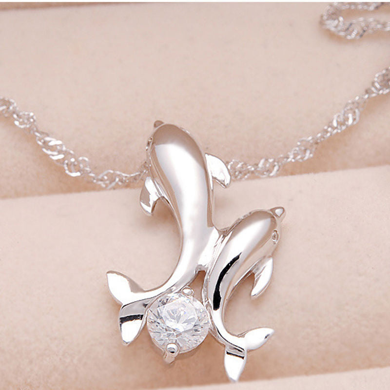 1 pc hot sale Exquisite Double Dolphin Necklace Fashion Silver Jewelry Plated Silver jewelry