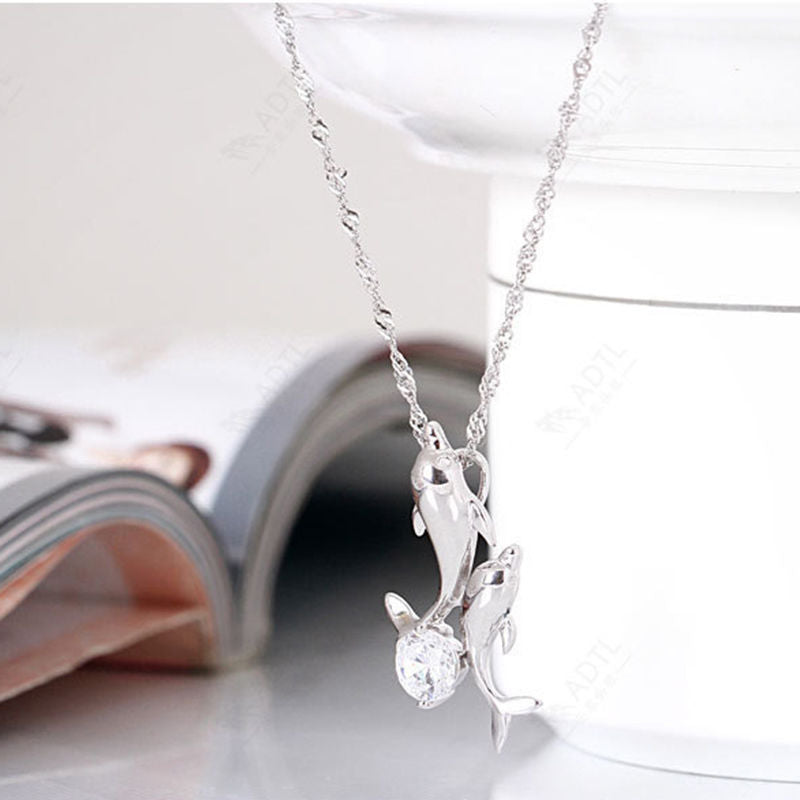 1 pc hot sale Exquisite Double Dolphin Necklace Fashion Silver Jewelry Plated Silver jewelry