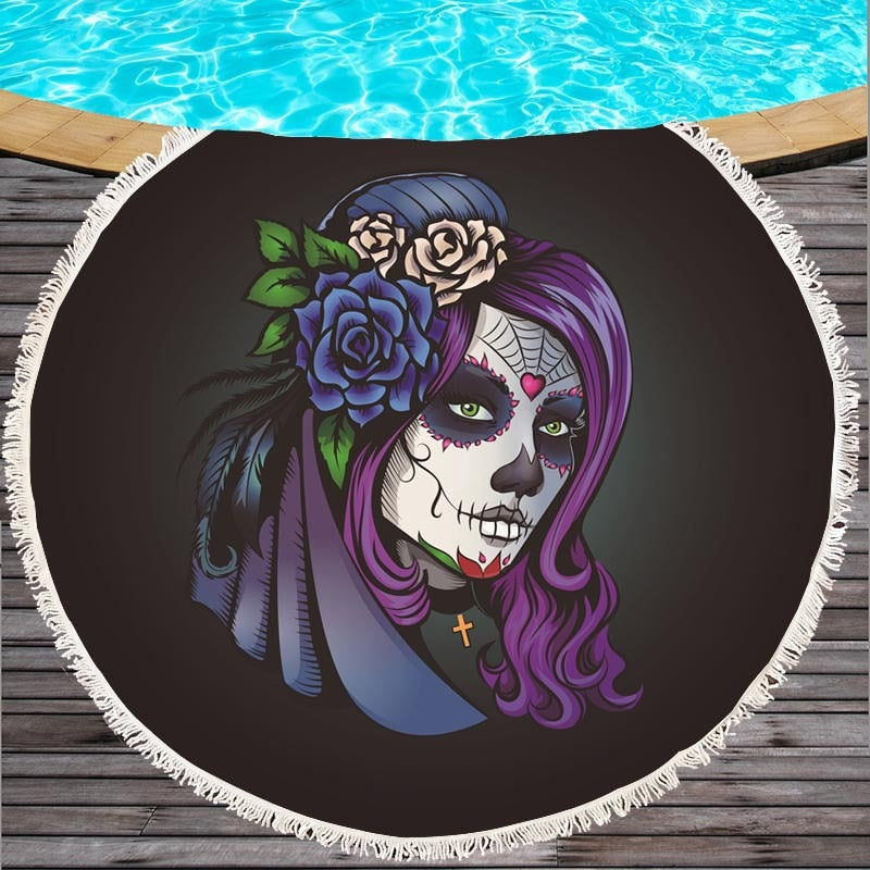 10 colors Black Grey red Sugar Skull Summer Round Beach Towel Microfiber Bath Towel Large