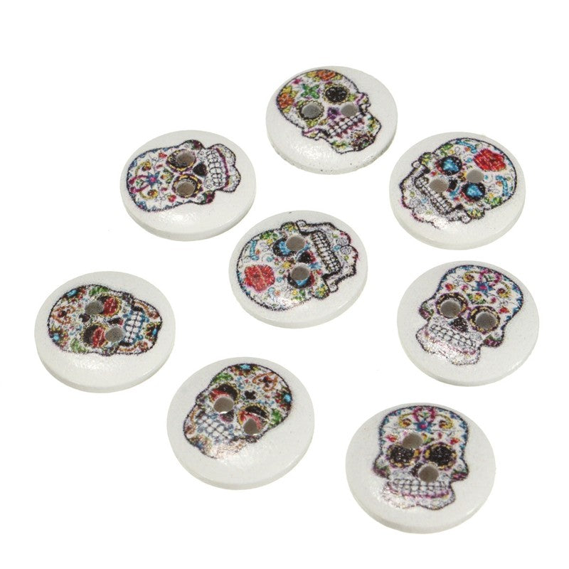 100Pcs 2 Holes Mixed Skull Pattern Wooden Sewing Button