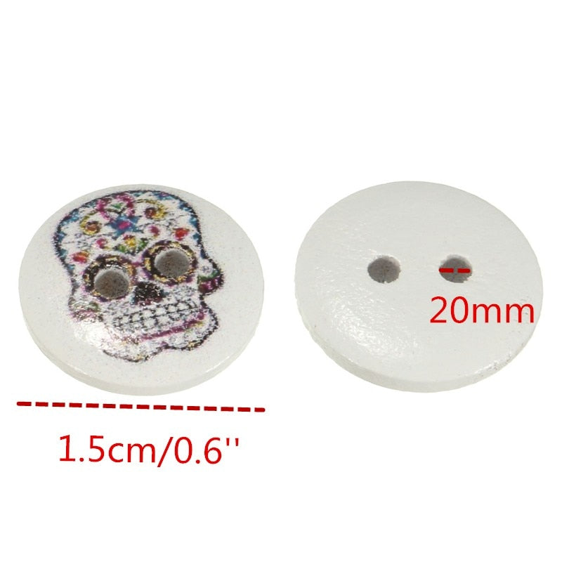 100Pcs 2 Holes Mixed Skull Pattern Wooden Sewing Button