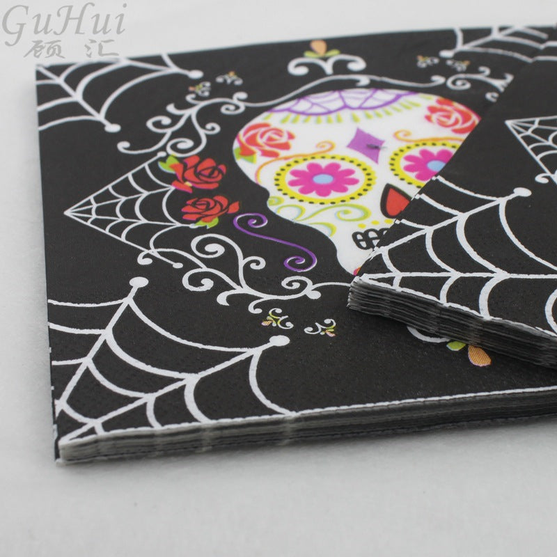 100Pcs Colorful Punk Flower Skull Halloween Design Tissue Disposable Paper Napkin