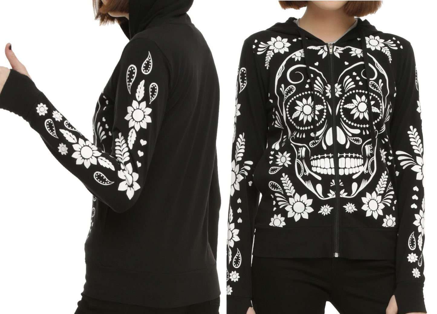 Women Hoodies Zip Up Tops Fashion Skull Flowers