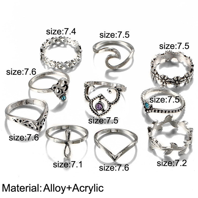 10pcs/Set Antique Silver Color Cross Crown Crystal Rhinestone Finger Rings For Women Hollow Flower Midi Knuckle Ring Set Jewelry