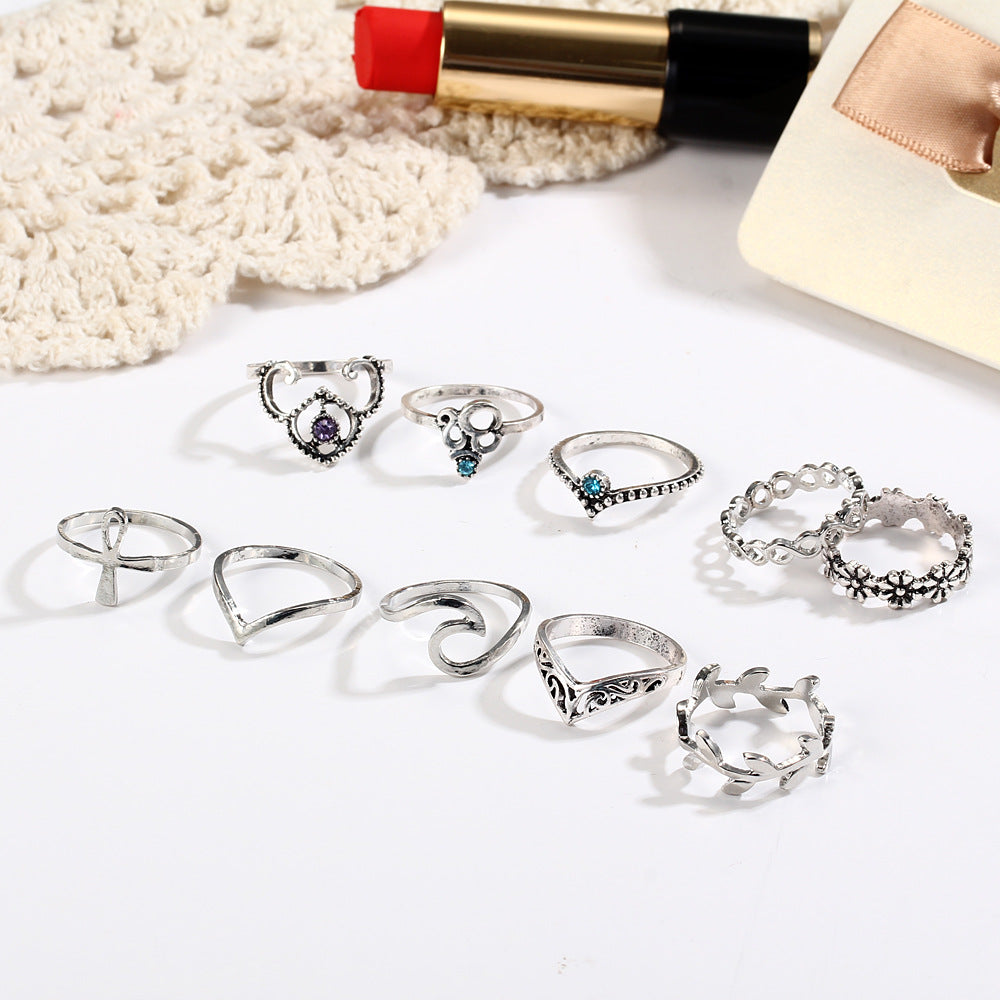 10pcs/Set Antique Silver Color Cross Crown Crystal Rhinestone Finger Rings For Women Hollow Flower Midi Knuckle Ring Set Jewelry