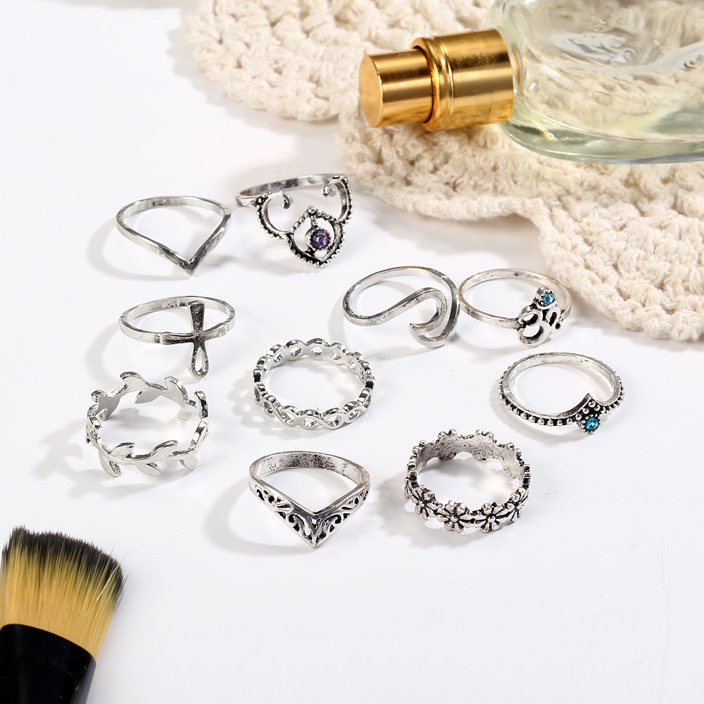 10pcs/Set Antique Silver Color Cross Crown Crystal Rhinestone Finger Rings For Women Hollow Flower Midi Knuckle Ring Set Jewelry