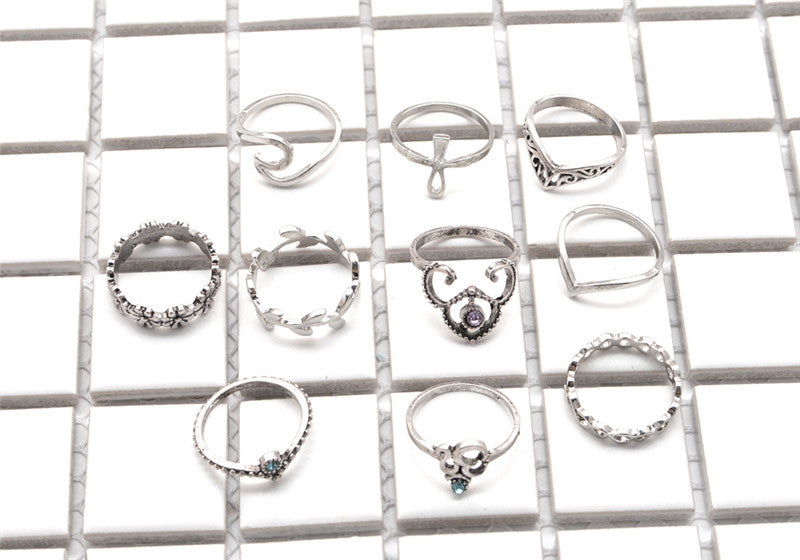 10pcs/Set Bohemian Crystal Midi Rings For Women Yoga Symbol Crown Leaf Infinity Charms Knuckle Ring Set Beach Party Jewelry Gift