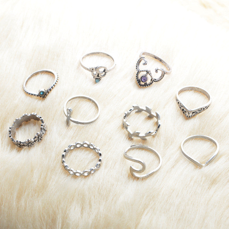 10pcs/Set Bohemian Crystal Midi Rings For Women Yoga Symbol Crown Leaf Infinity Charms Knuckle Ring Set Beach Party Jewelry Gift