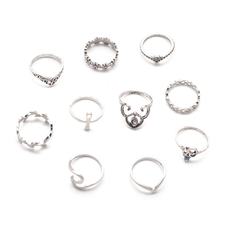 10pcs/Set Bohemian Crystal Midi Rings For Women Yoga Symbol Crown Leaf Infinity Charms Knuckle Ring Set Beach Party Jewelry Gift