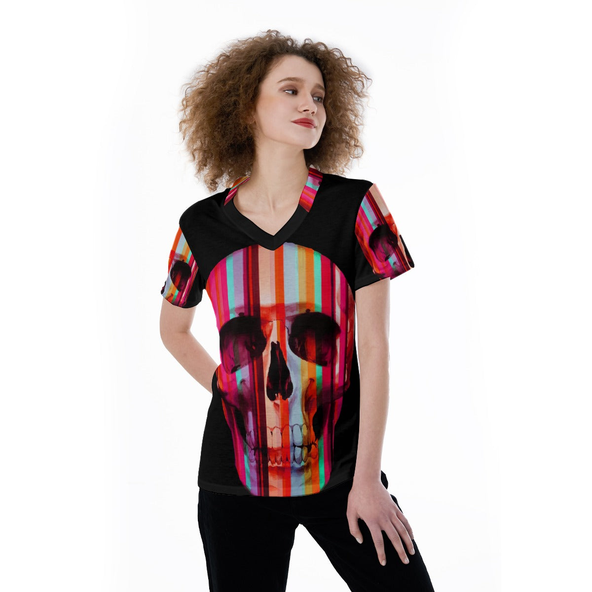 Halloween Evil Skeleton V-neck Women's T-shirt Grim reaper