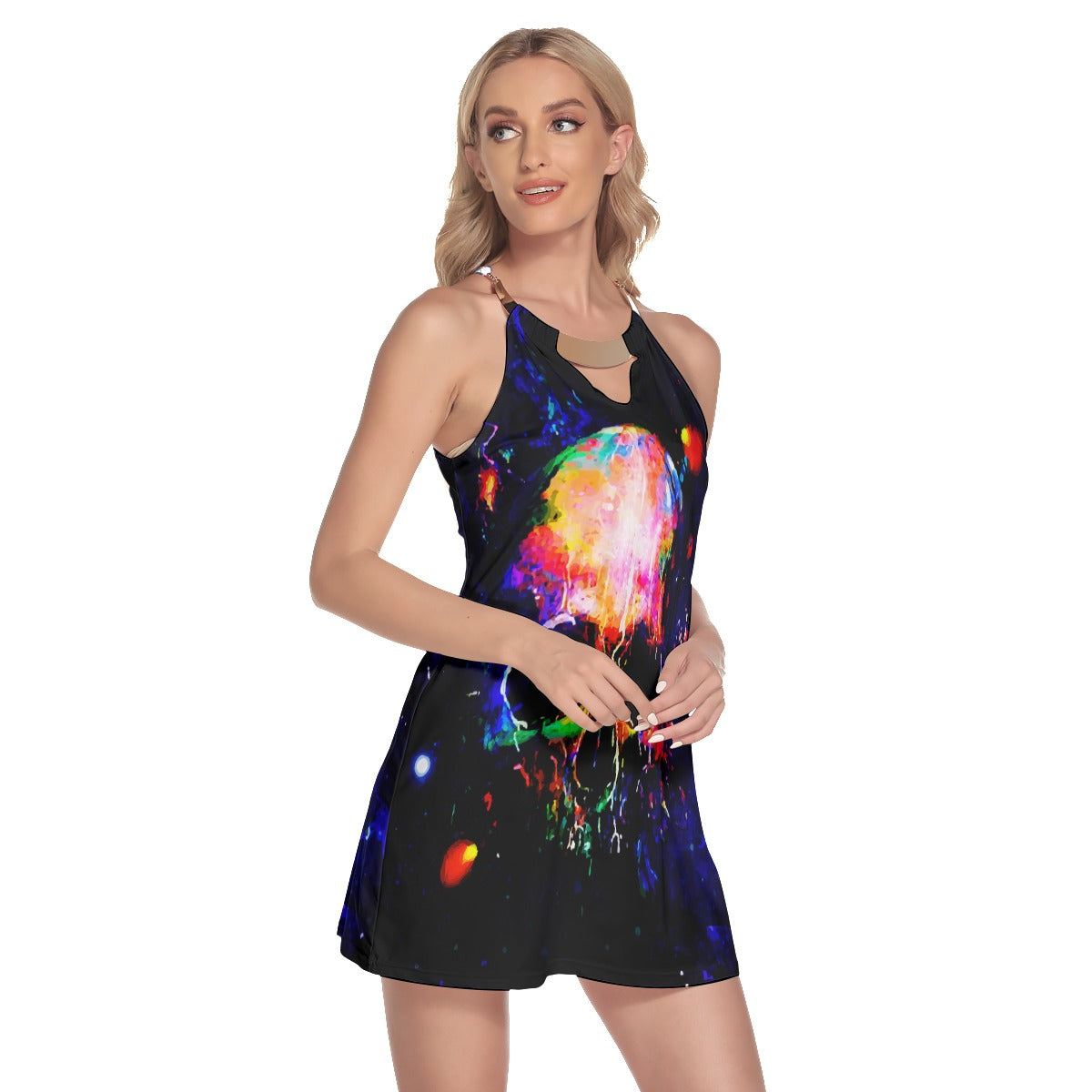 Halloween Grim reaper Skeleton Horror Women's Round Neck Above Knee Dress