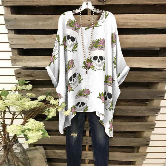 Halloween Grim reaper Skeleton Women's Bat Sleeve Shirt Day of the dead