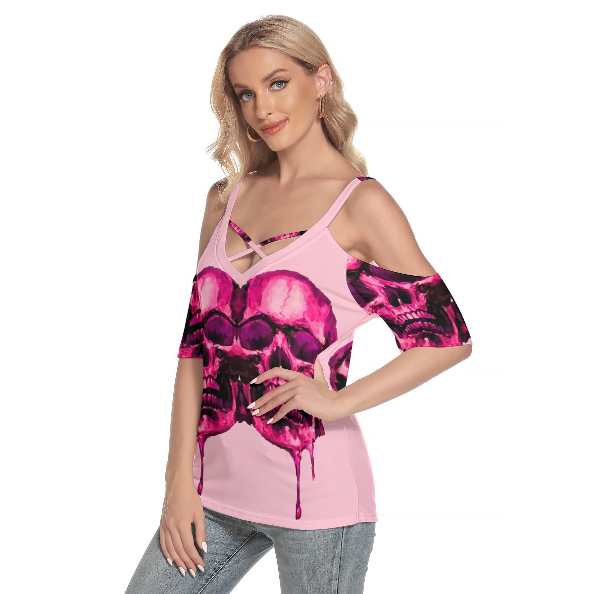 Halloween Calavera Skeleton Mexican skull Women's Cold Shoulder T-shirt With Criss Cross Strips
