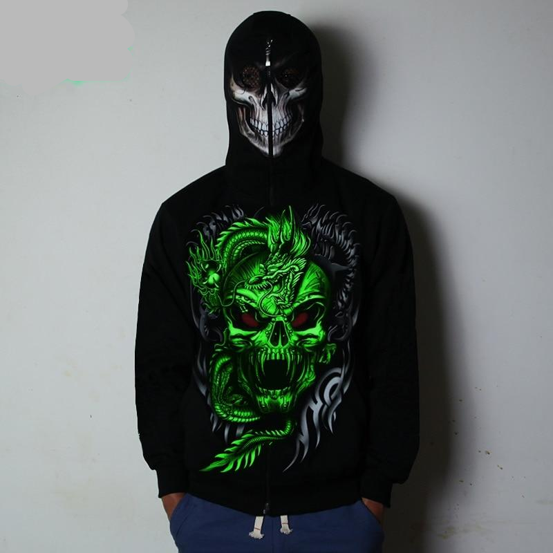 Hot Sell Luminous Sweatshirt Neon Outerwear Zipper 3D Mask Hiphop Outerwear Male Hoodie Pull Cap Personality Mens Clothing