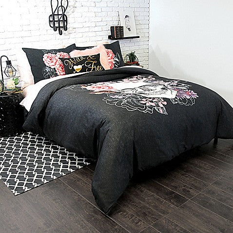 Sugar Skull Comforter Set in Charcoal/Pink