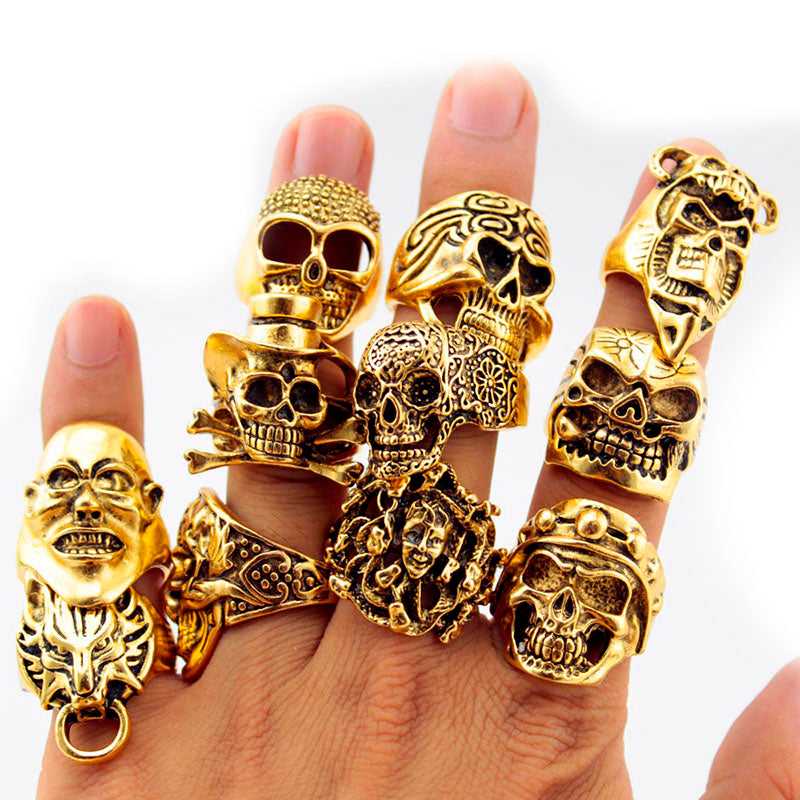 12 Pieces/lot Mix Big Skull Ring in Jewelry Gold Plate Top Quality Bohemian Statement Punk Ring for Men