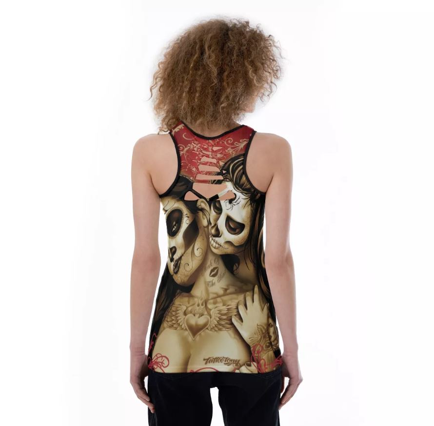 Sugar skull couple girls Women's Back Hollow Tank Top, Day of the dead Mexican skull tank top shirt