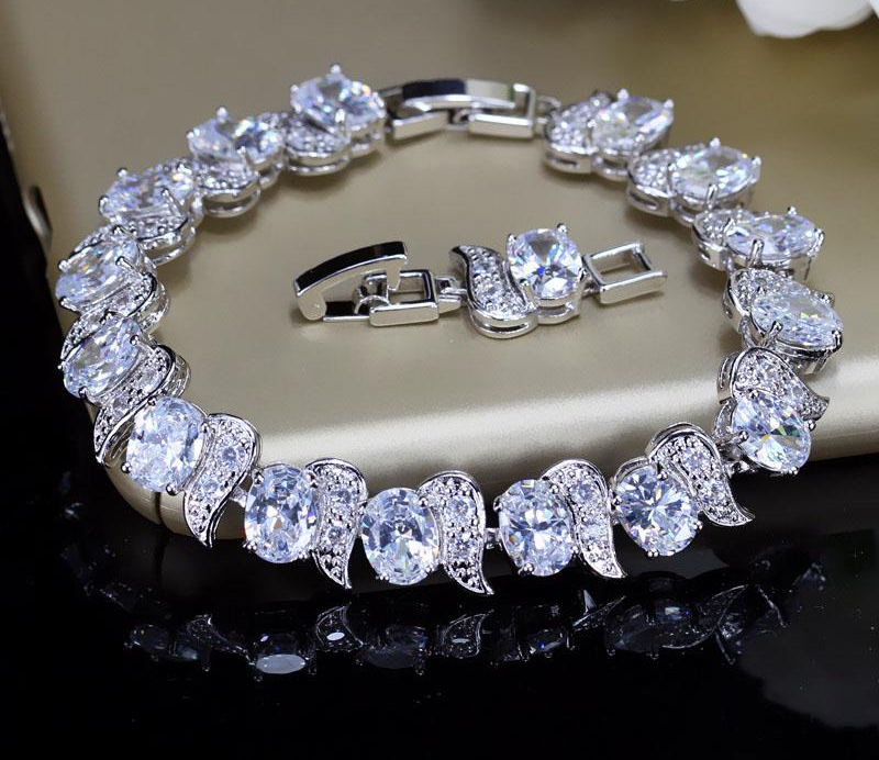 925 Sterling Silver Bridal Wedding Party Jewelry Super White Cubic Zirconia Chain & Link Bracelet For Brides B081