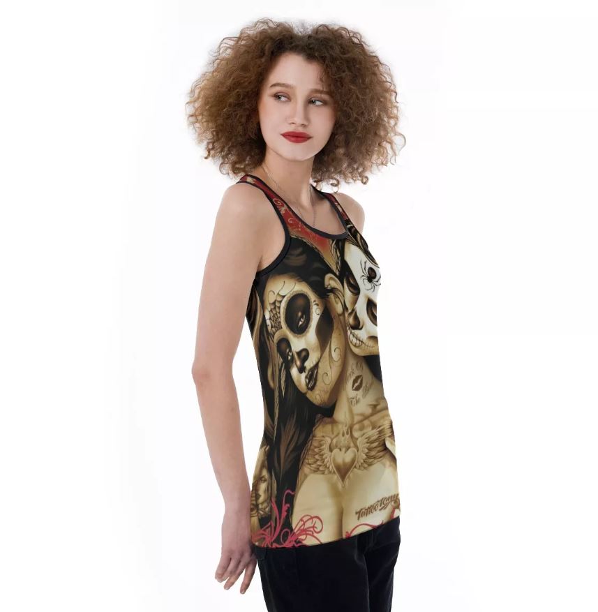Sugar skull couple girls Women's Back Hollow Tank Top, Day of the dead Mexican skull tank top shirt
