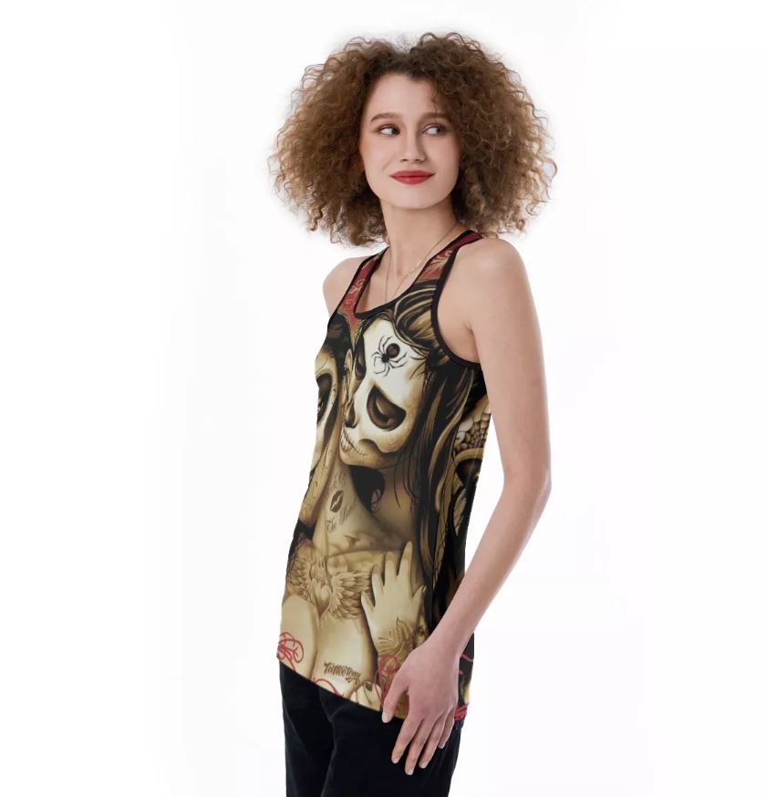 Sugar skull couple girls Women's Back Hollow Tank Top, Day of the dead Mexican skull tank top shirt
