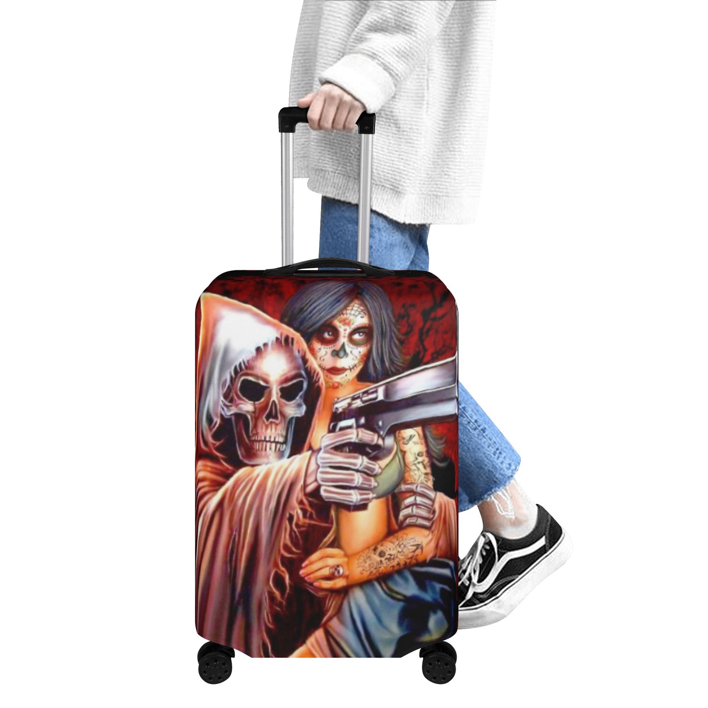 Grim reaper and girl luggage cover, skeleton suitcase cover protector