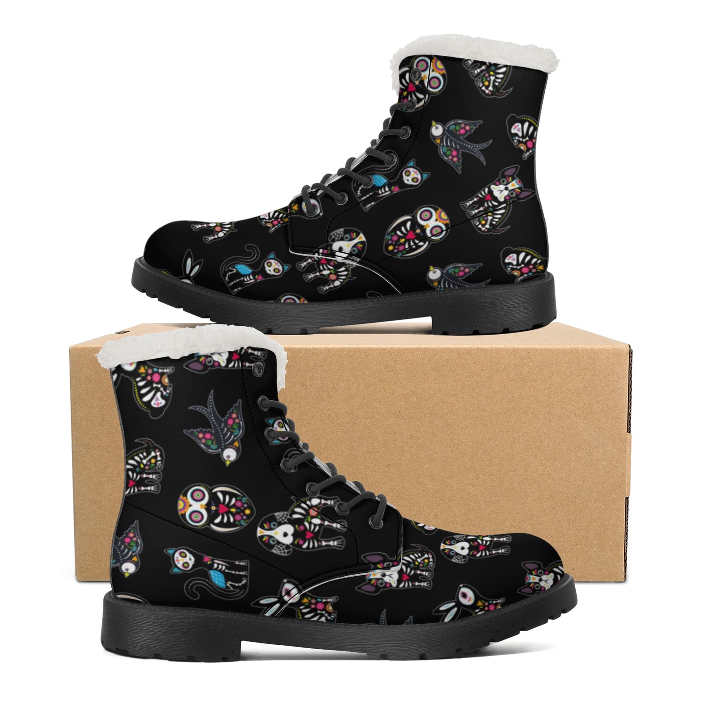Sugar skull Calaveras skeleton Day of the dead Women's Faux Fur Leather Boots