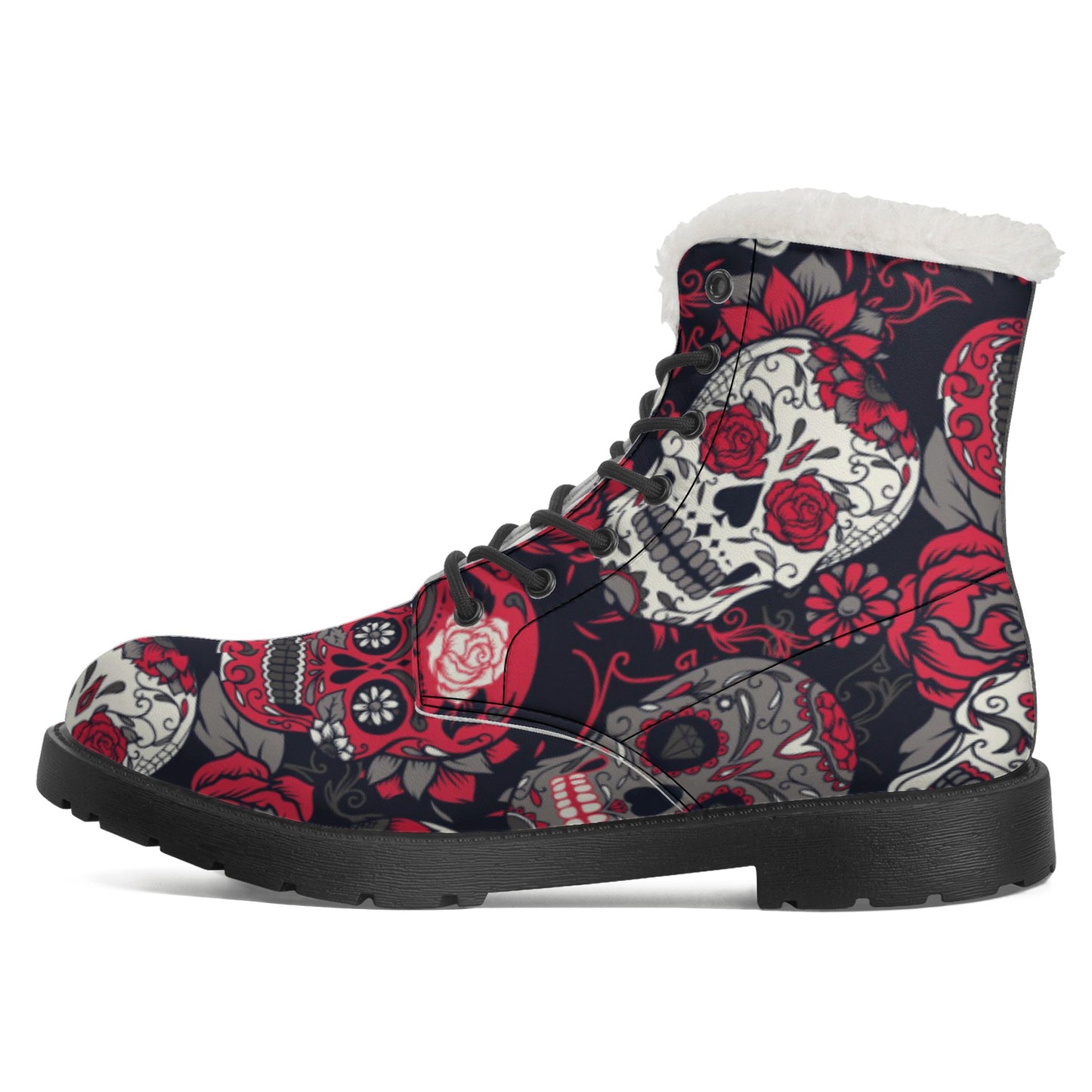 Sugar skull Calaveras skeleton Day of the dead Women's Faux Fur Leather Boots