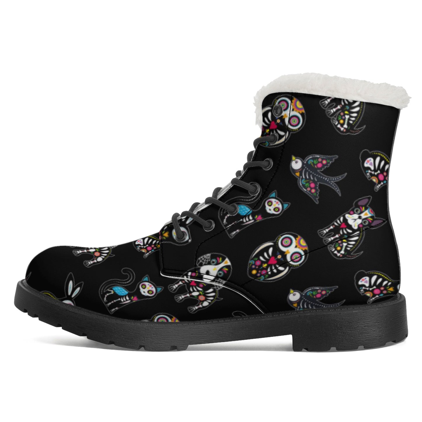 Sugar skull Calaveras skeleton Day of the dead Women's Faux Fur Leather Boots