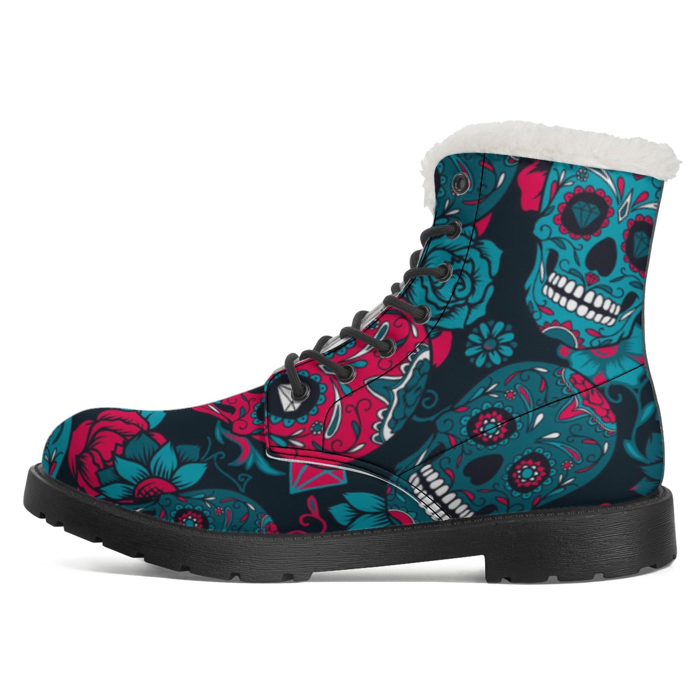 Sugar skull Calaveras skeleton Day of the dead Women's Faux Fur Leather Boots