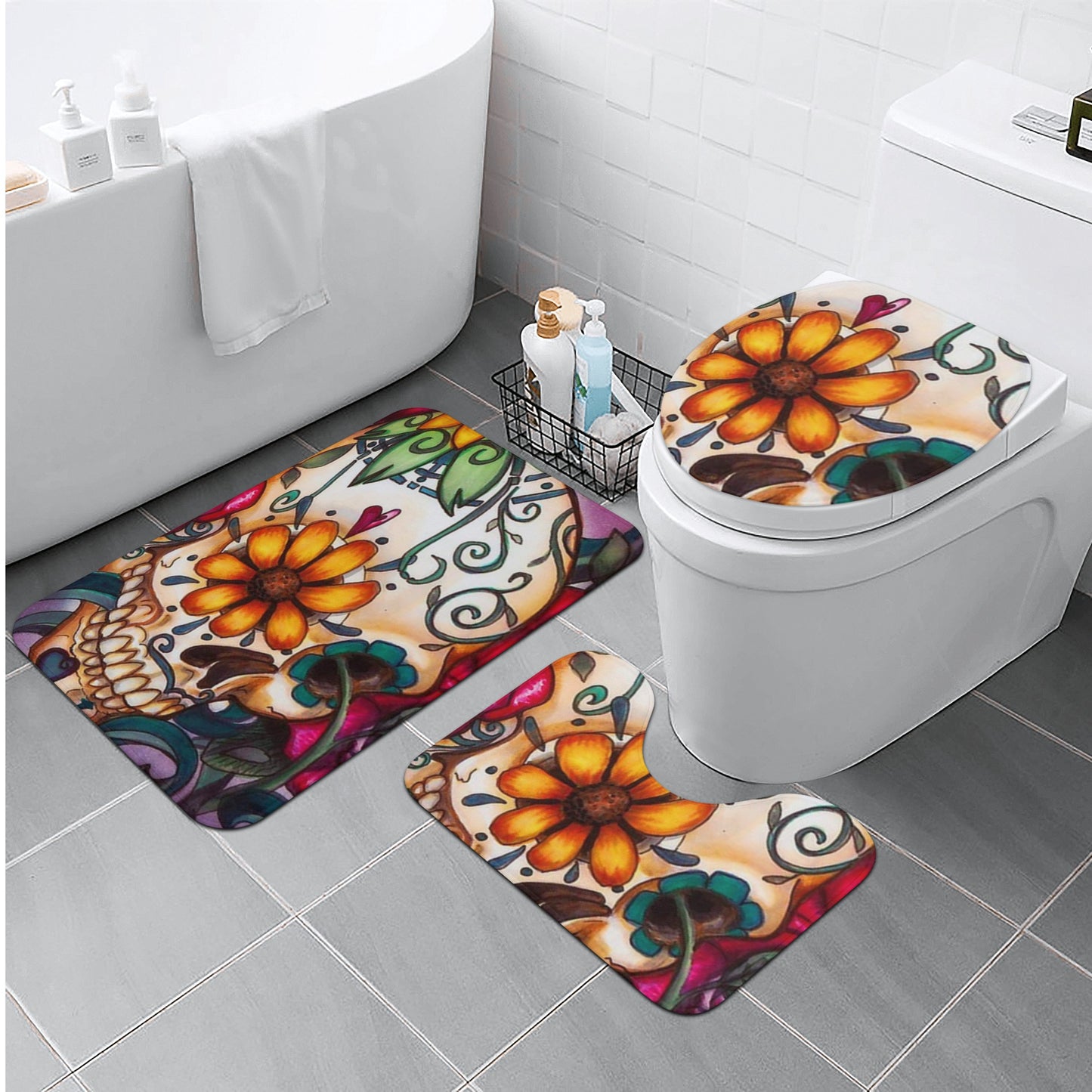 Floral sugar skull day of the dead Bath Room Toilet Set