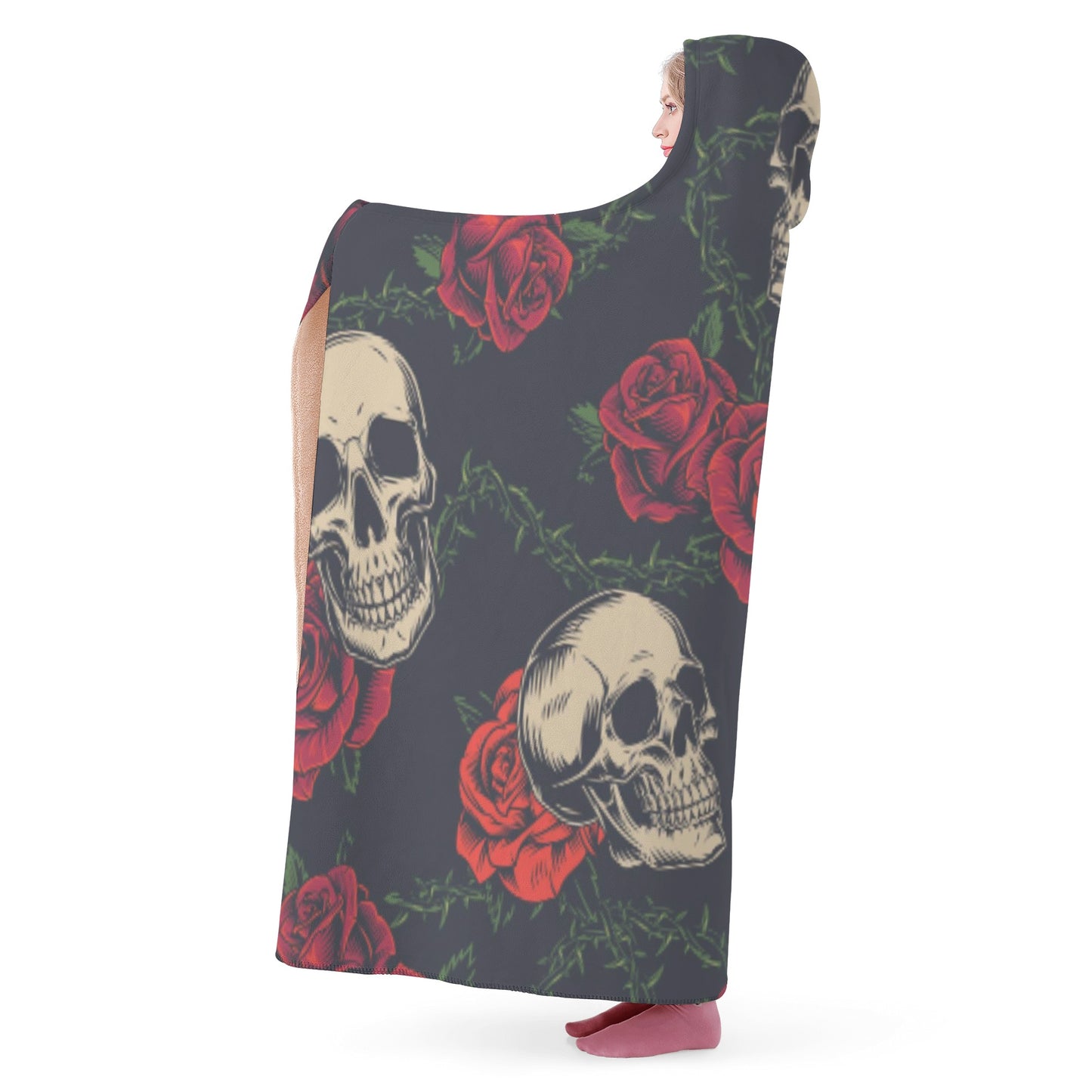 Gothic skull rose Hooded Blanket