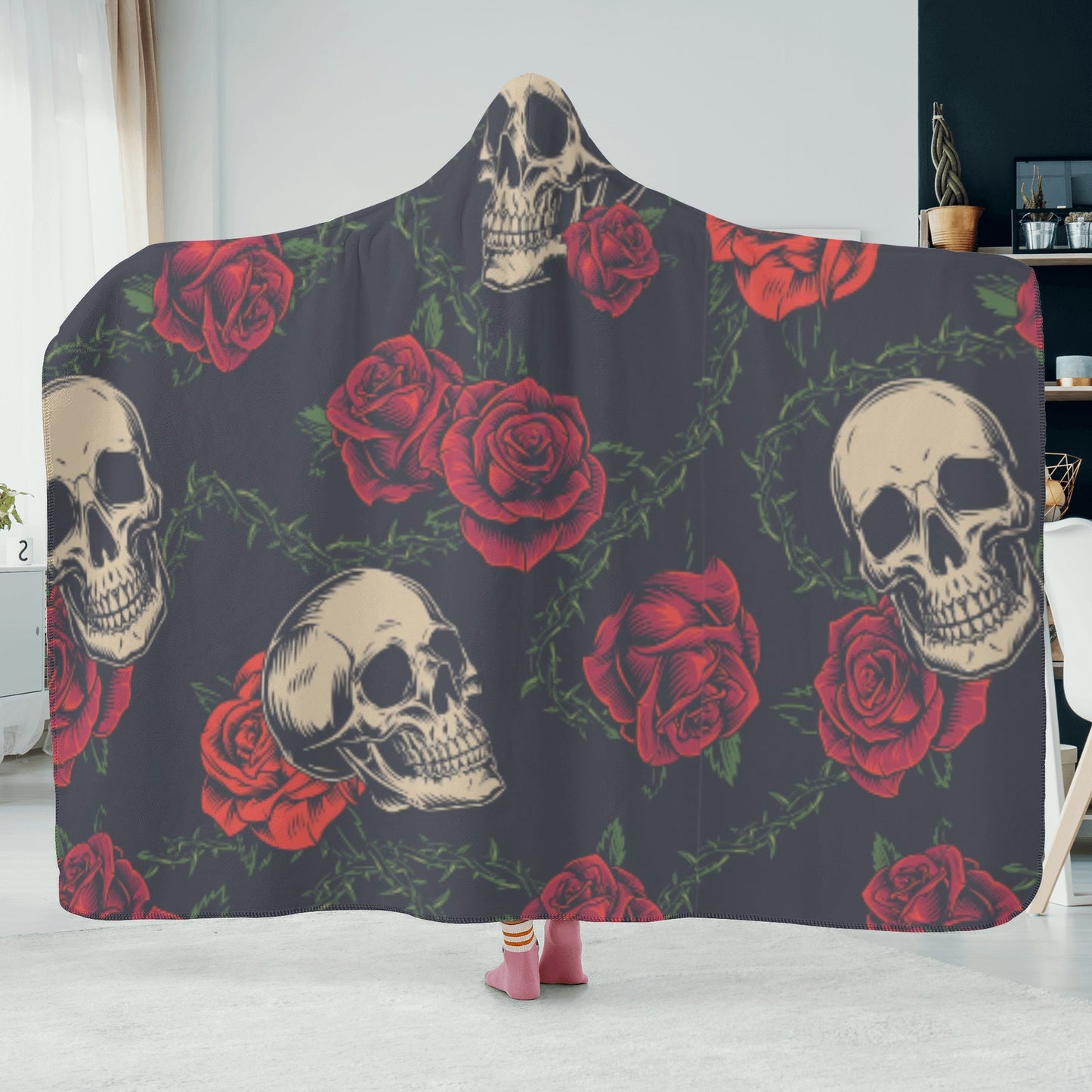 Gothic skull rose Hooded Blanket