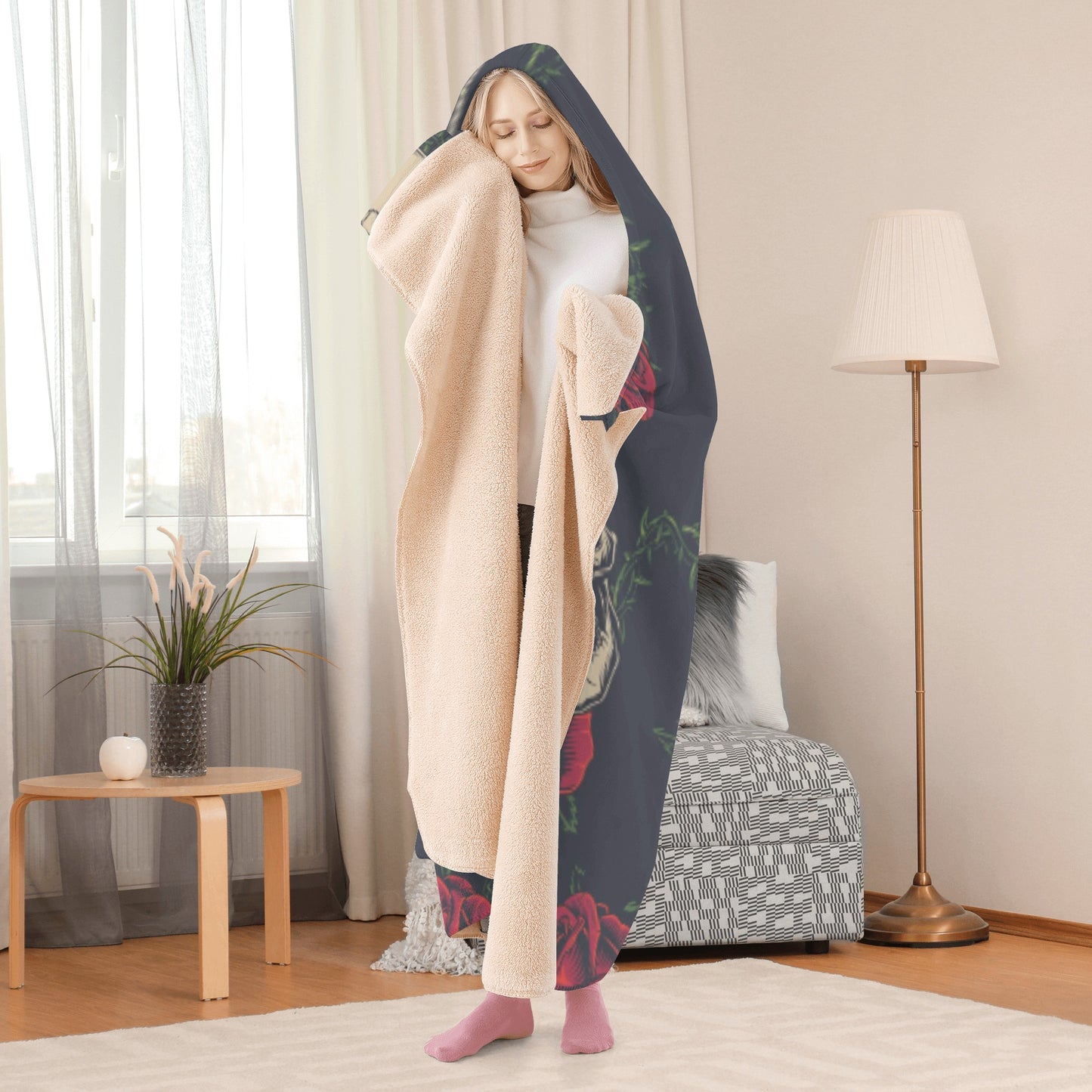 Gothic skull rose Hooded Blanket