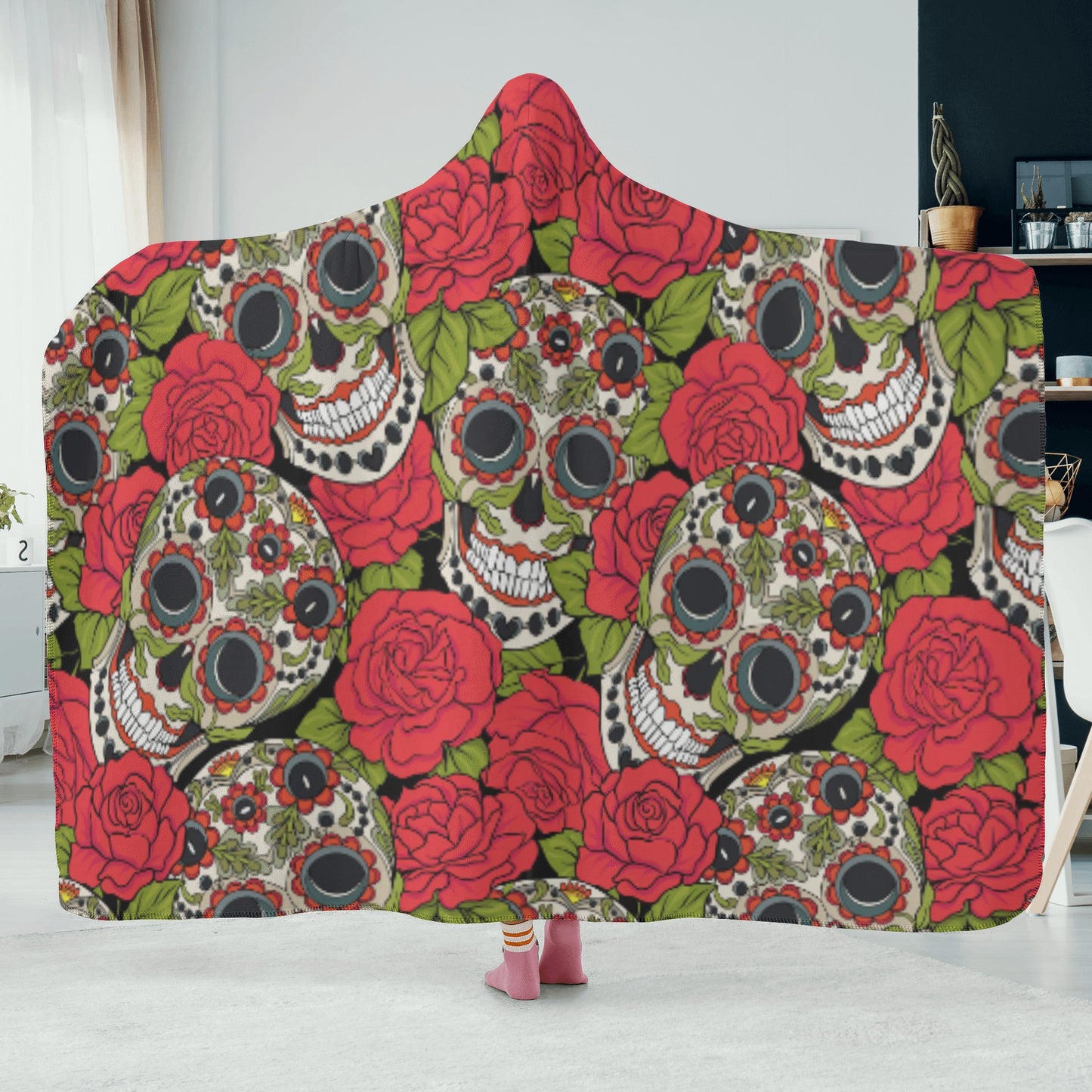 Rose sugar skull Halloween Hooded Blanket