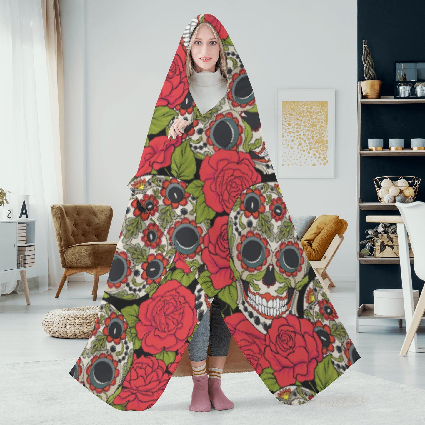 Rose sugar skull Halloween Hooded Blanket