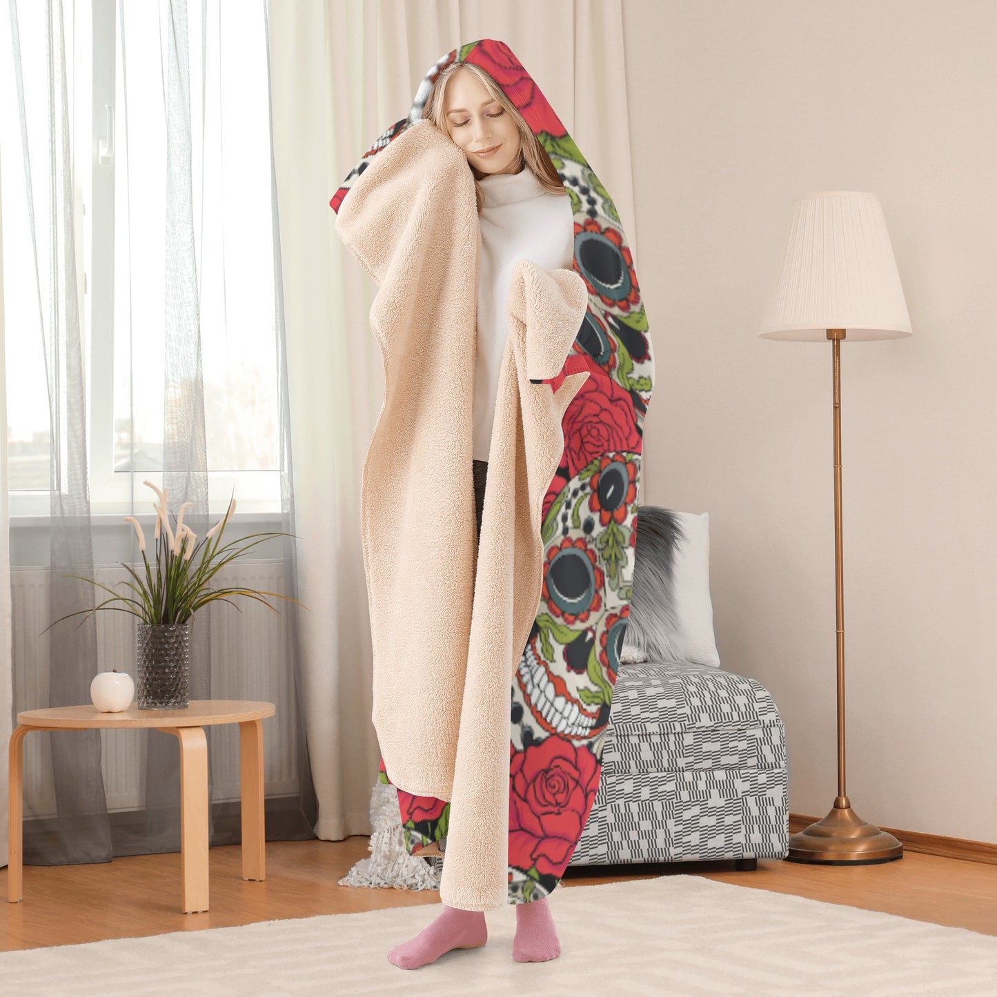 Rose sugar skull Halloween Hooded Blanket
