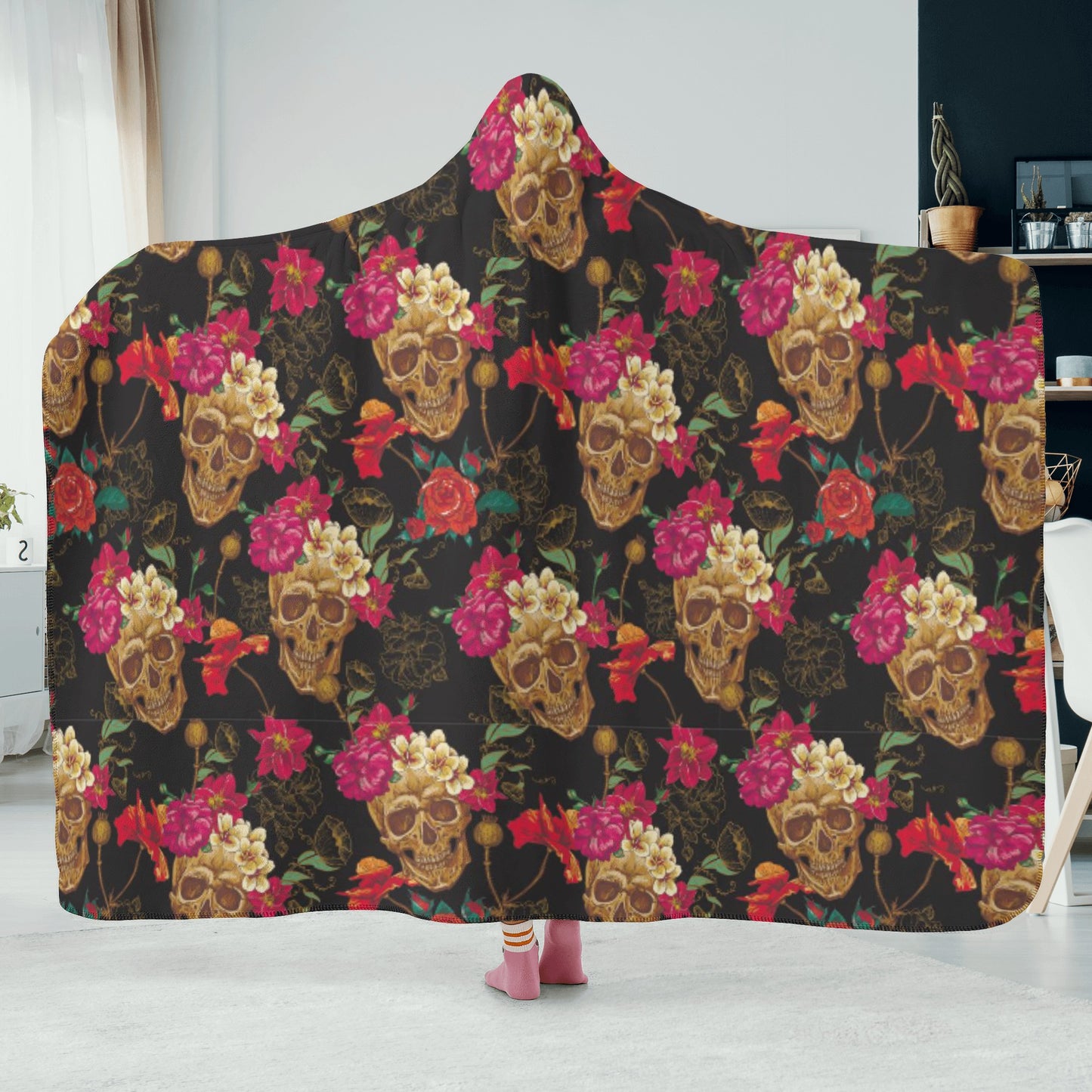 Floral skull Hooded Blanket