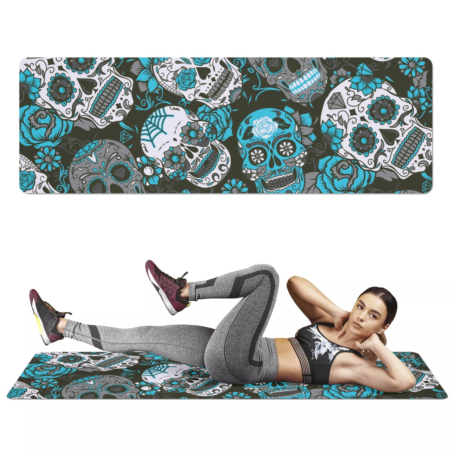 Blue sugar skull day of the dead Rubber Yoga Mat